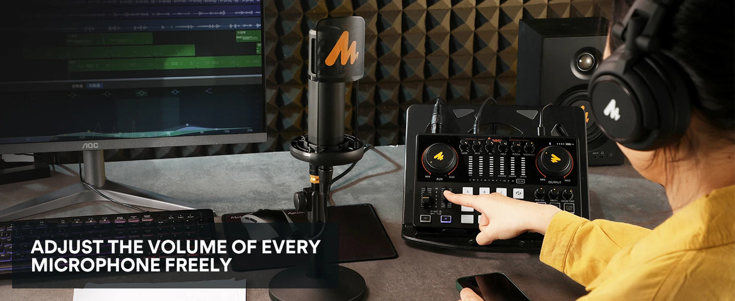 MaonoCaster AME2A – All‑in‑One Podcast Studio Set | Sound Card + XLR Microphone + Audio Interface for Live Streaming, YouTube, Phone & PC