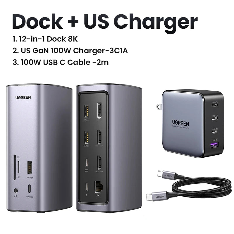UGREEN 12‑in‑1 USB‑C Docking Station with 8K HDMI, 4K60Hz DisplayPort, Triple Display