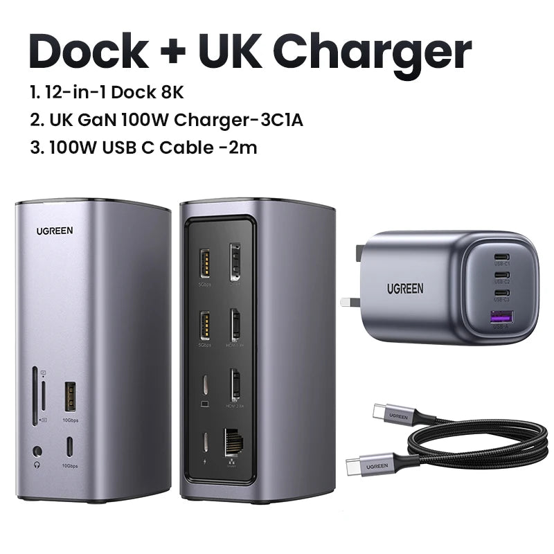 UGREEN 12‑in‑1 USB‑C Docking Station with 8K HDMI, 4K60Hz DisplayPort, Triple Display
