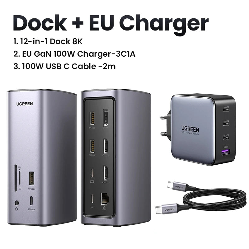 UGREEN 12‑in‑1 USB‑C Docking Station with 8K HDMI, 4K60Hz DisplayPort, Triple Display