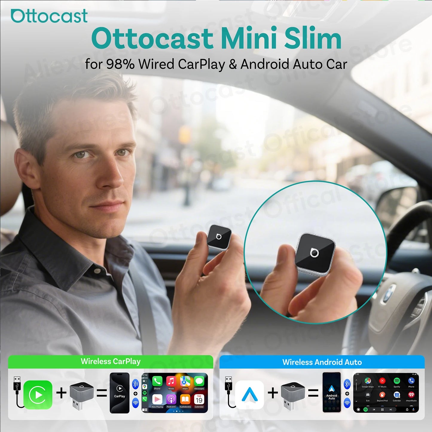 OTTOCAST Mini Slim Cube Wireless CarPlay & Android Auto Adapter