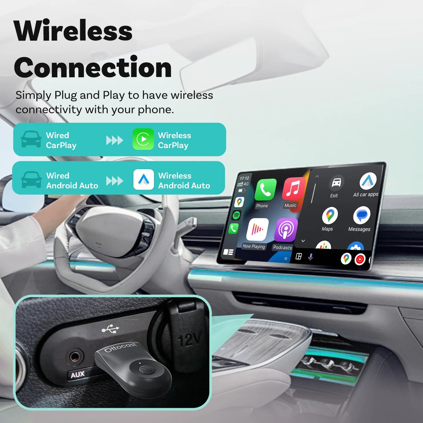 OTTOCAST Mini Wireless CarPlay & Android Auto Adapter