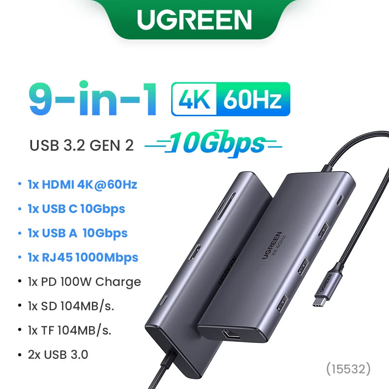 UGREEN 10Gbps USB‑C Hub with 4K60Hz HDMI, Gigabit RJ45, PD100W, SD/TF & USB‑A/C Ports