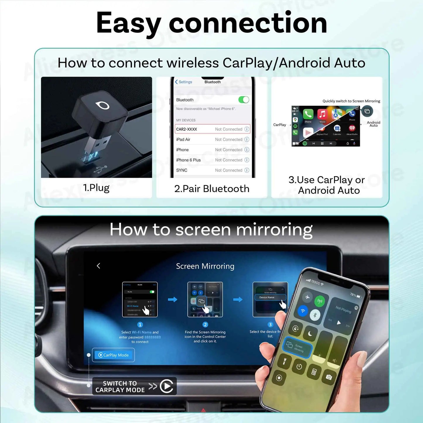 OTTOCAST 3‑in‑1 Mini Air Dongle Wireless CarPlay Adapter