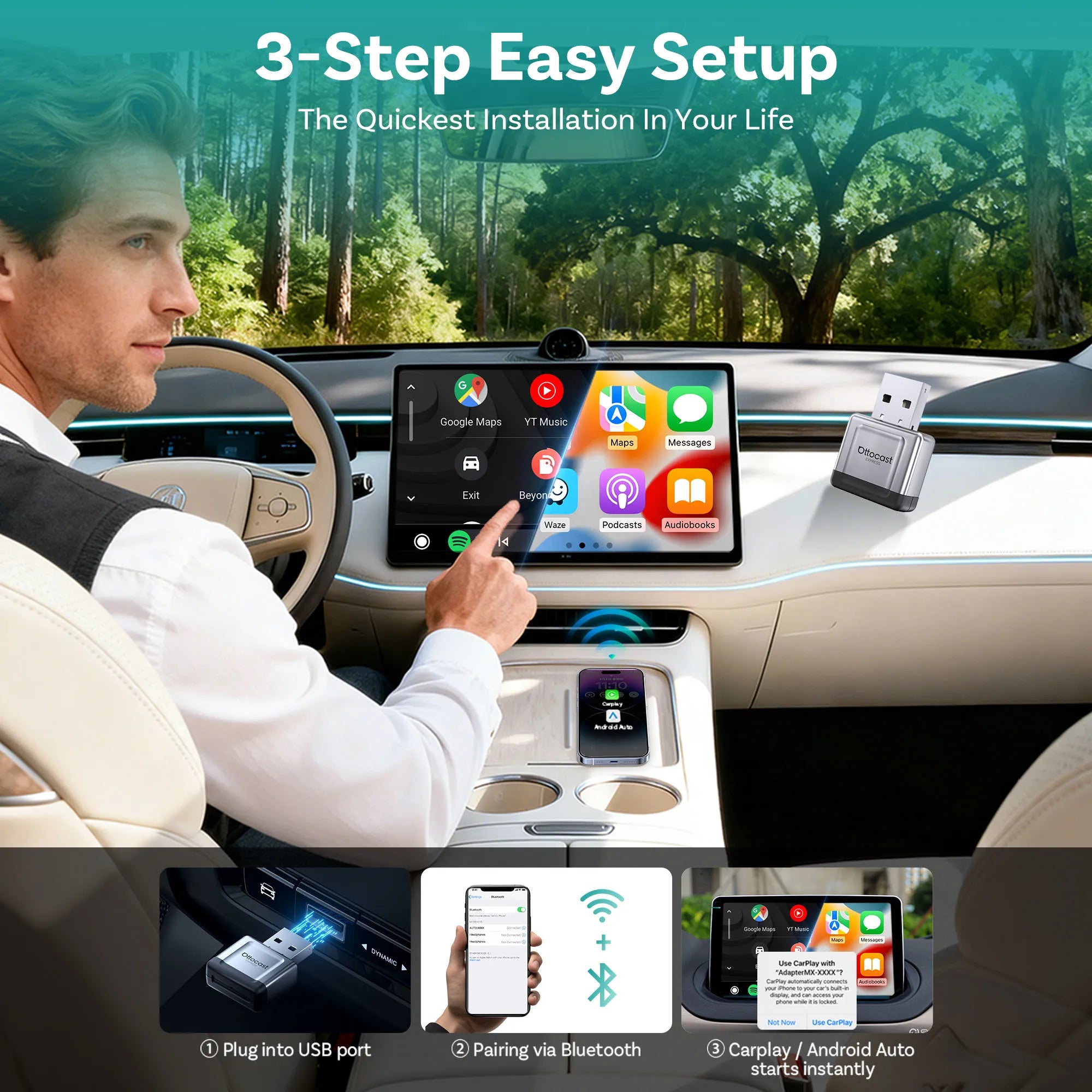 OTTOCAST Mini Gem 3.0 Wireless CarPlay & Android Auto Adapter