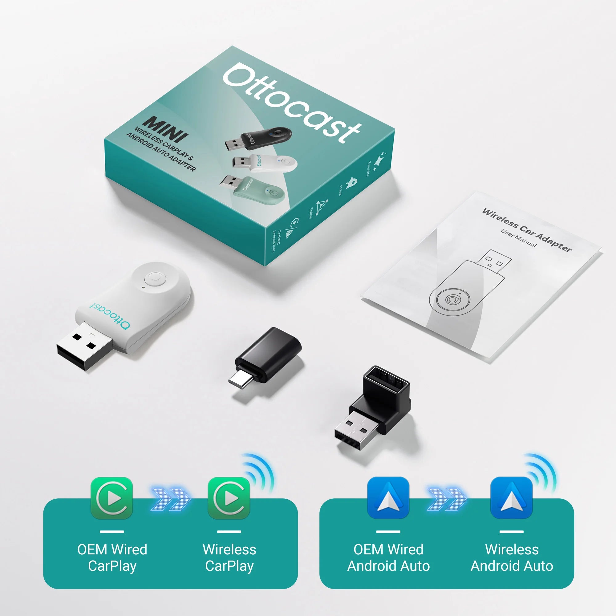 OTTOCAST Mini Wireless CarPlay & Android Auto Adapter