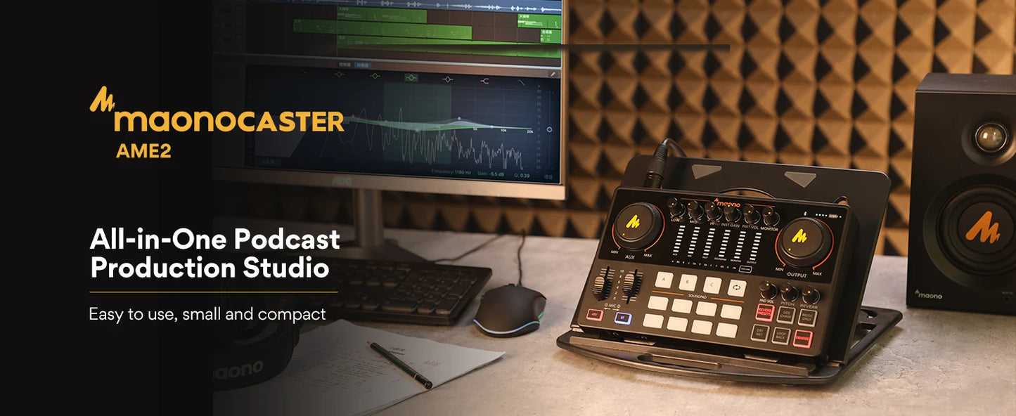 MaonoCaster AME2 – All‑in‑One Podcast Studio | Sound Card + Audio Interface + Mixer for Live Streaming, Guitar, PC & Mobile