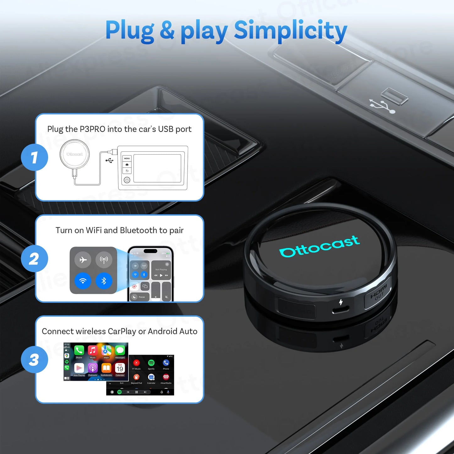 OTTOCAST P3 PRO AI Box with HDMI & Wireless CarPlay