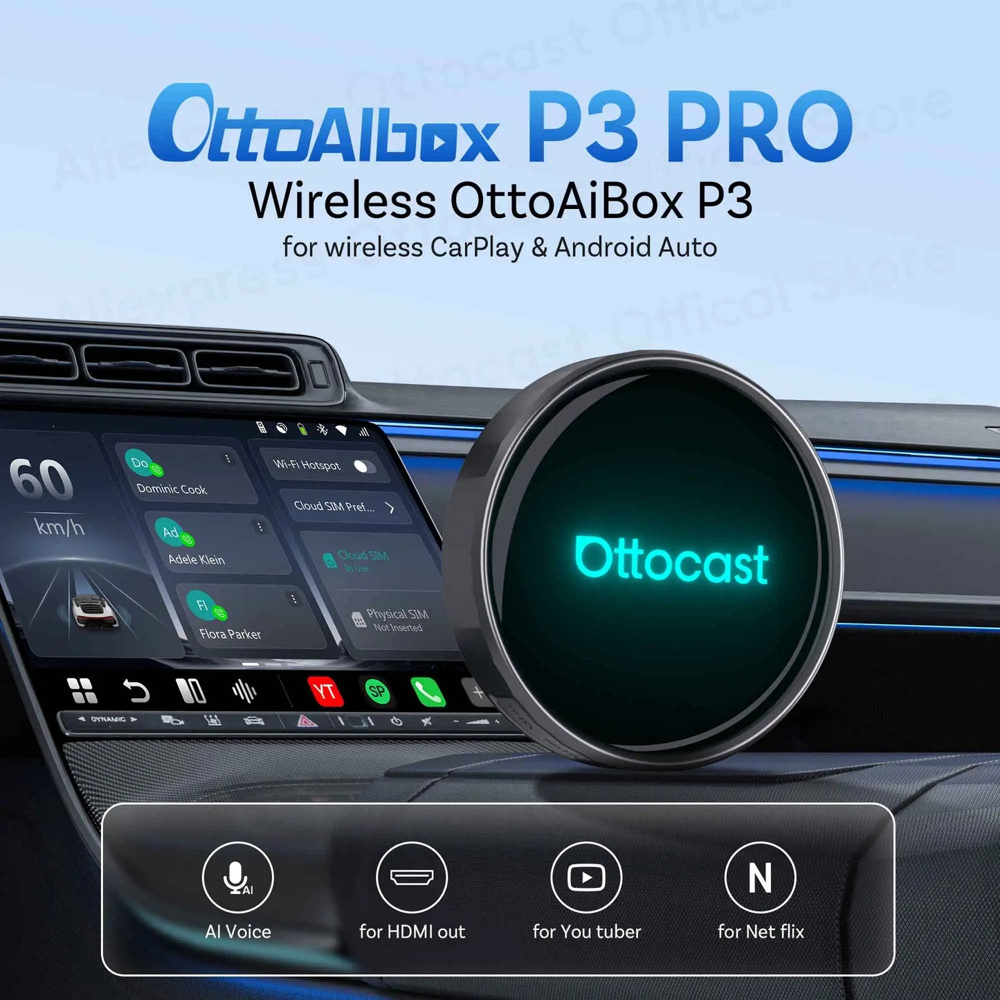 OTTOCAST P3 PRO AI Box with HDMI & Wireless CarPlay
