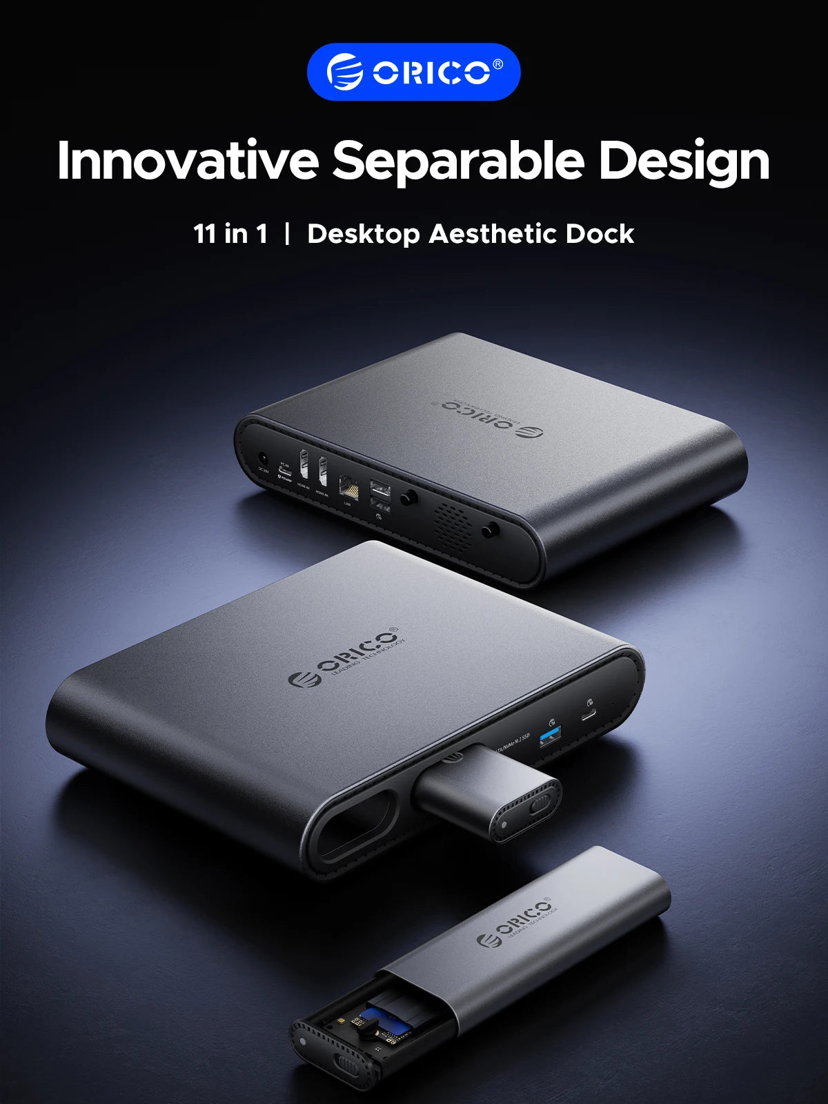 ORICO USB‑C Triple Display Docking Station with Dual M.2 NVMe/SATA SSD Enclosures