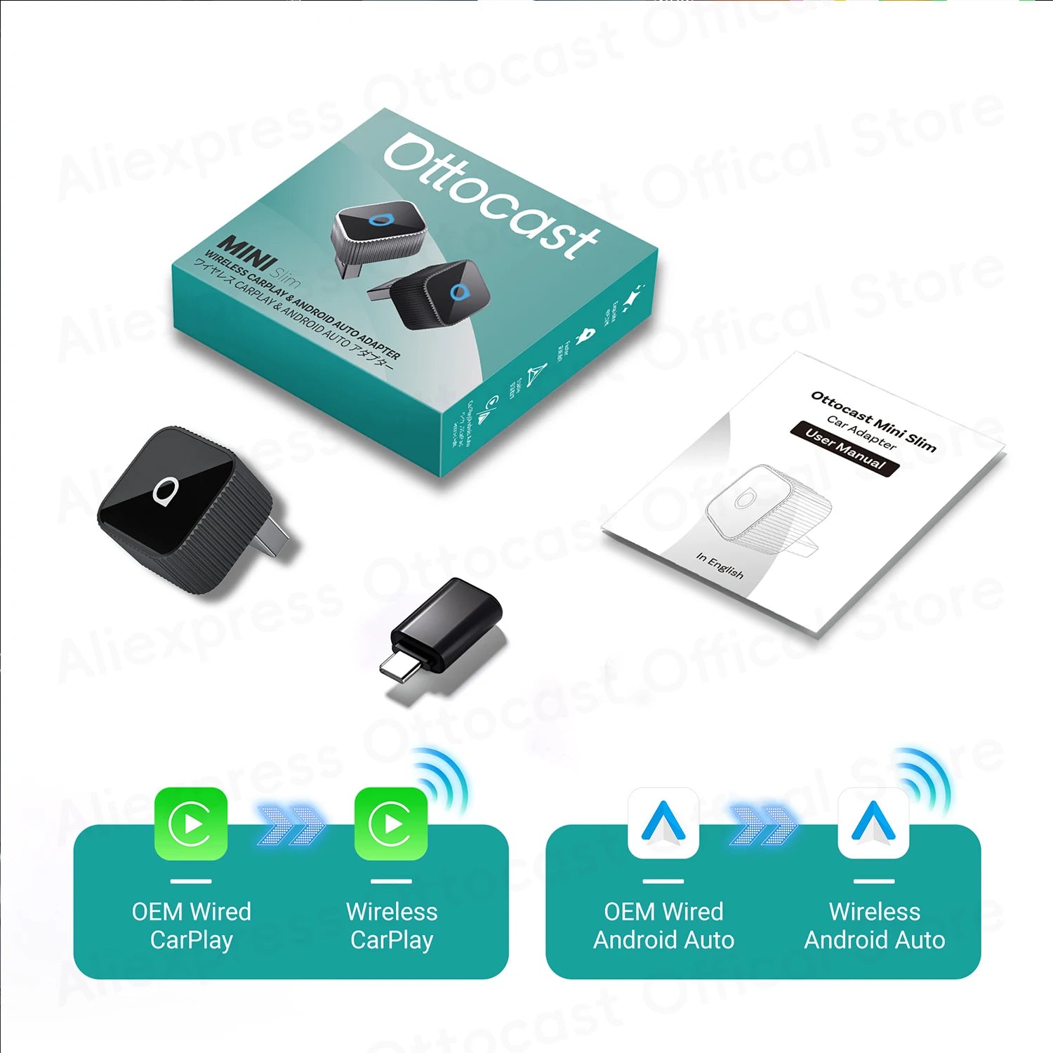 OTTOCAST Cube MINI Slim Wireless CarPlay & Android Auto Adapter