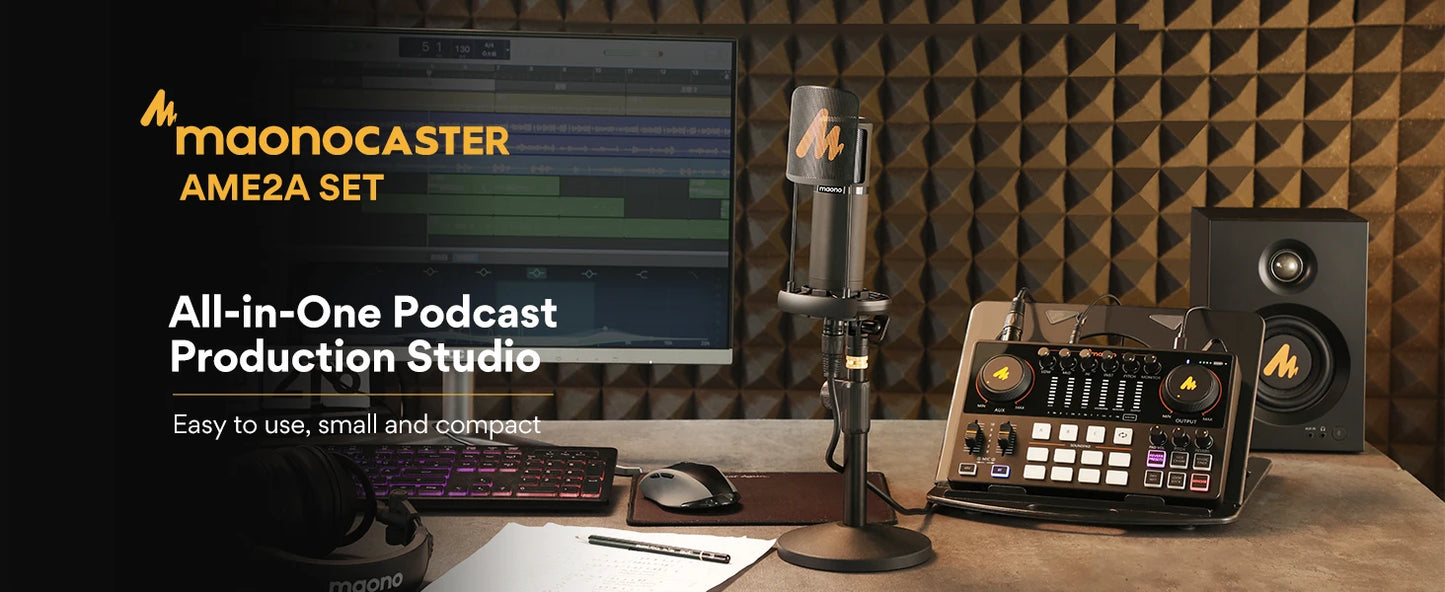 MaonoCaster AME2A – All‑in‑One Podcast Studio Set | Sound Card + XLR Microphone + Audio Interface for Live Streaming, YouTube, Phone & PC
