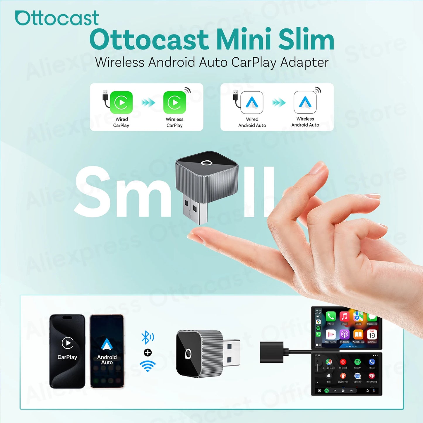 OTTOCAST Mini Slim Wireless CarPlay & Android Auto Adapter