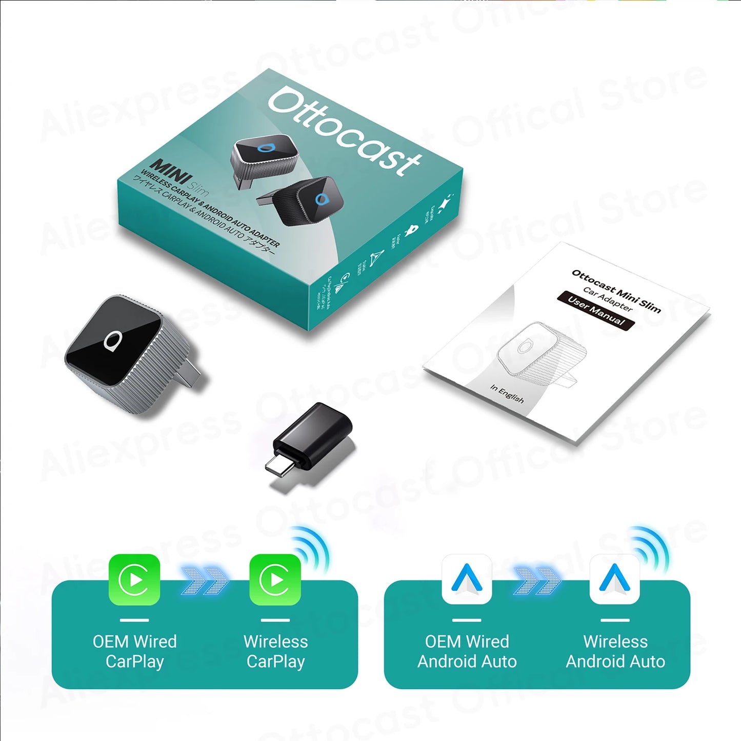 OTTOCAST Mini Slim Wireless CarPlay & Android Auto Adapter