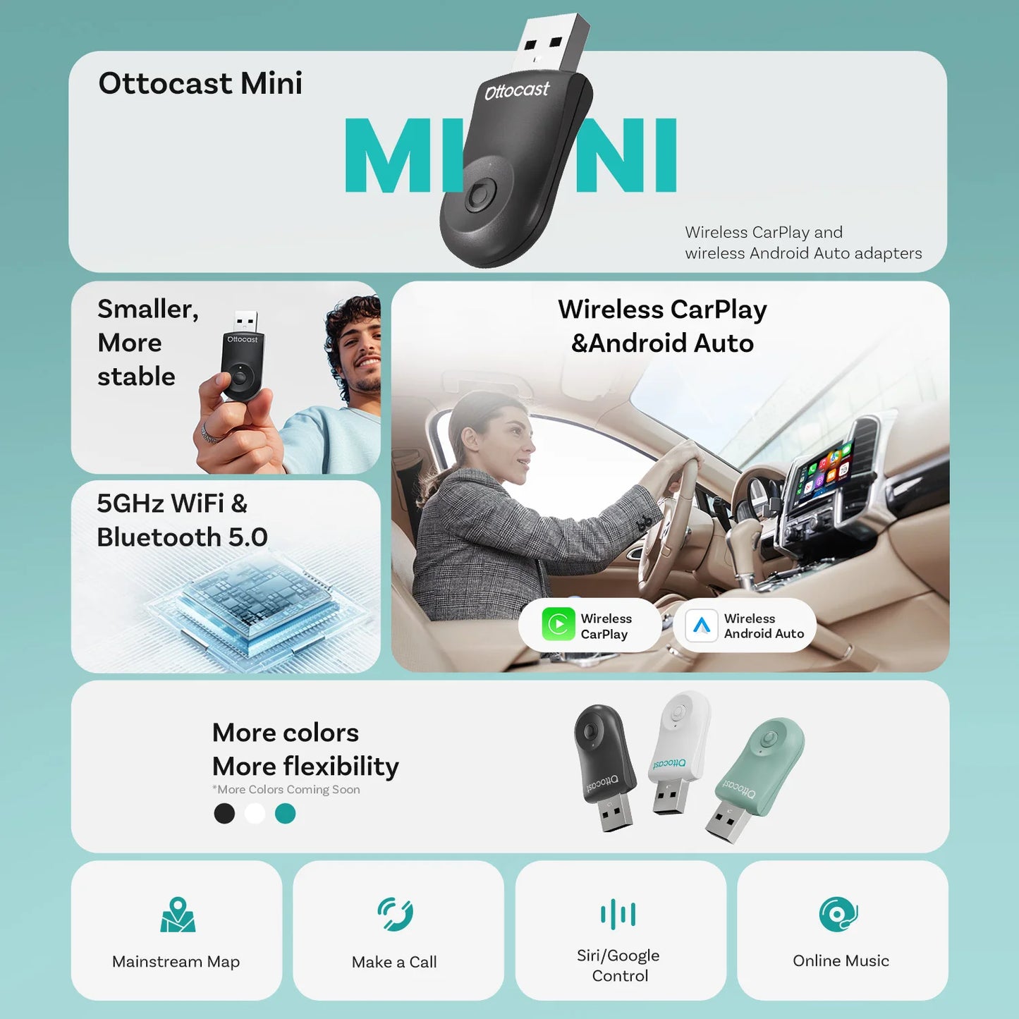 OTTOCAST Mini Wireless CarPlay & Android Auto Adapter