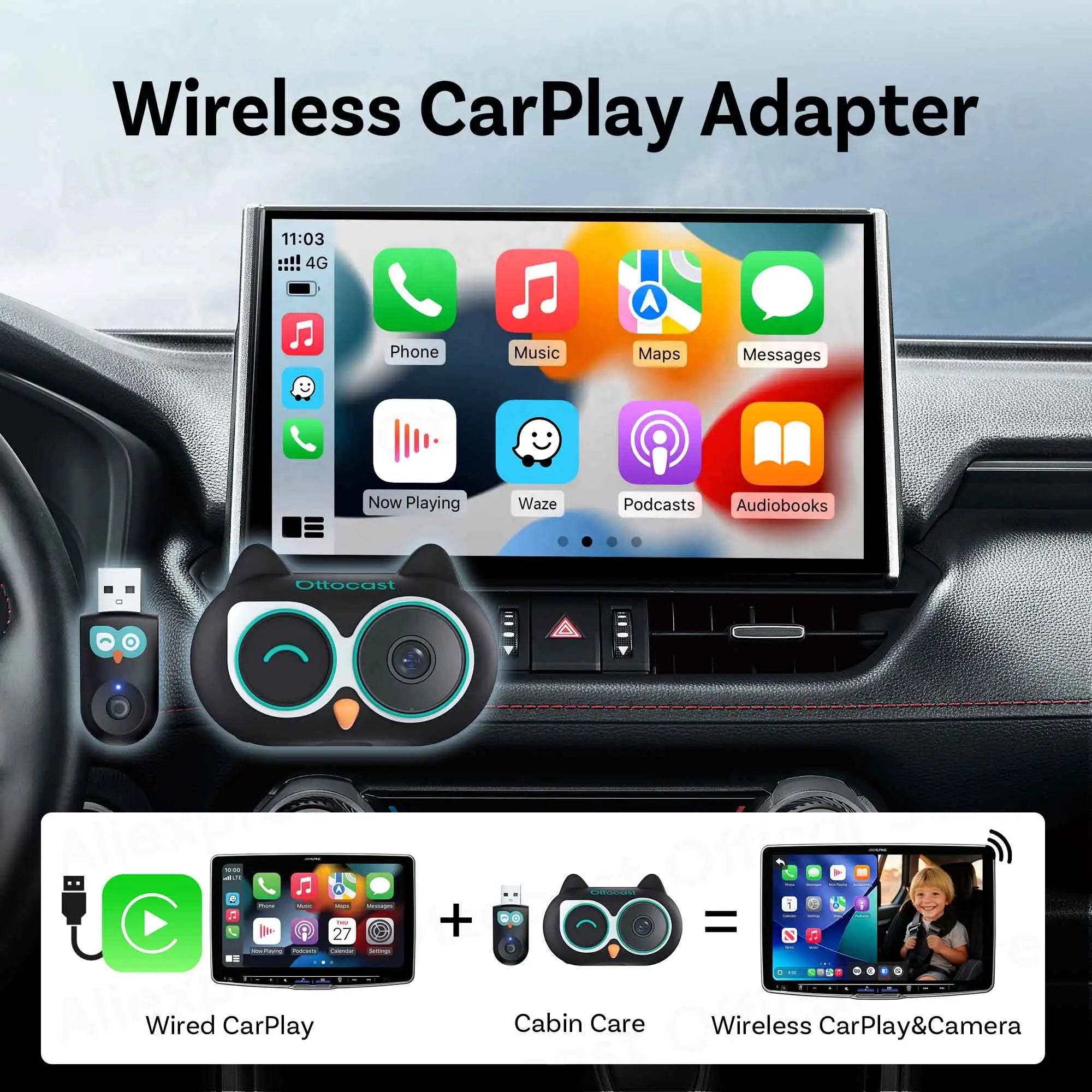 OTTOCAST Cabin Care 2‑in‑1 Wireless CarPlay + Camera