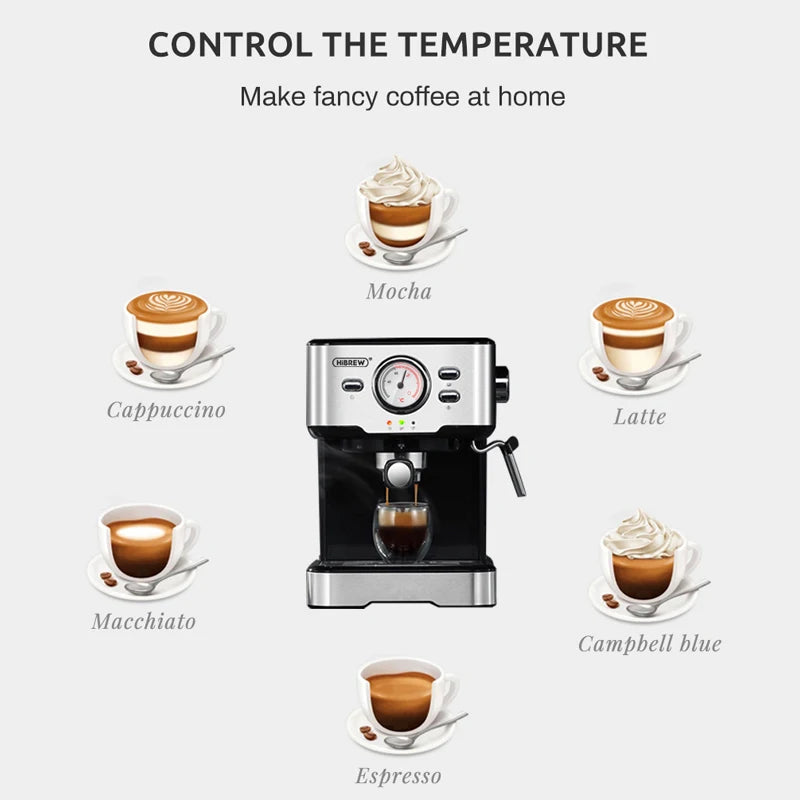 HiBREW H5 – 20‑Bar Semi‑Automatic Espresso Machine | Stainless Steel Coffee Maker with Temperature Display
