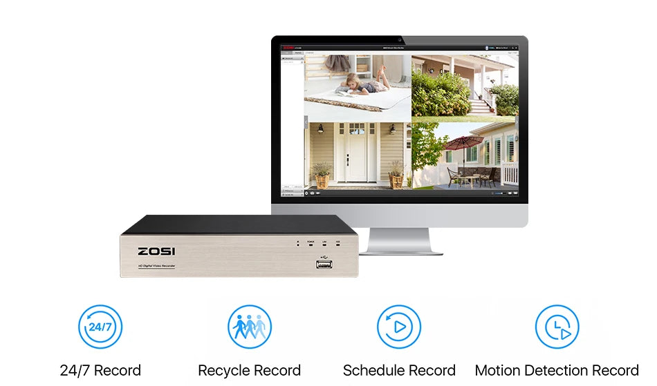 ZOSI 8CH 1080p Wired Security Camera System – H.265+ DVR Recorder with 8× 2MP Outdoor HD‑TVI CCTV Cameras