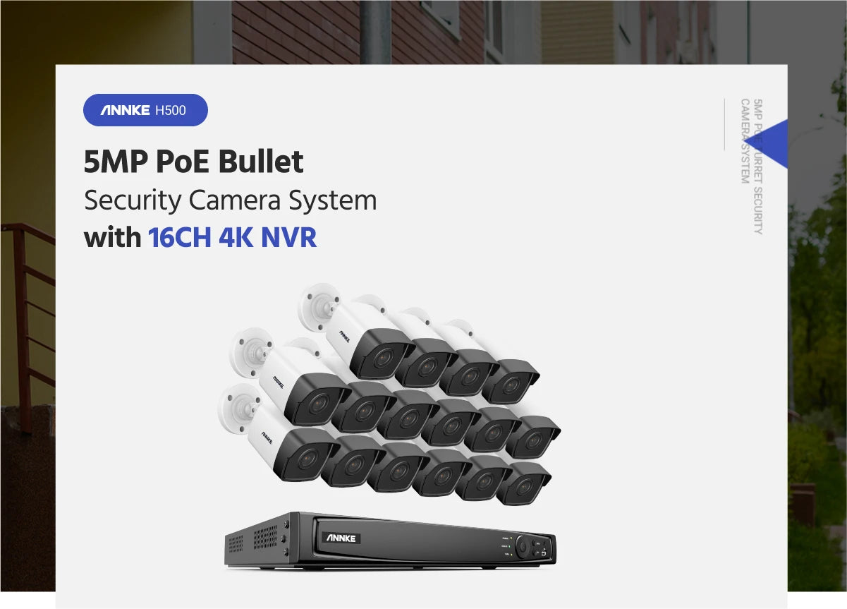 ANNKE H500 5MP PoE CCTV sistem | 16-kanalni H.265+ NVR, 16× IP67 kamere, avdio vhod