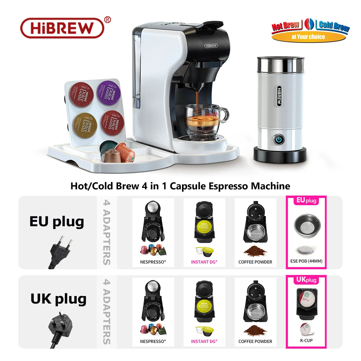 HiBREW 4-v-1 avtomatski kavni aparat na kapsule – penilnik vročega in hladnega mleka | združljiv z Nespresso, Dolce Gusto, mleto kavo