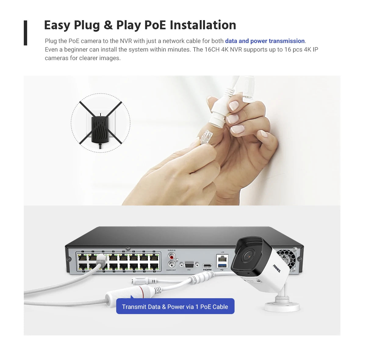 ANNKE H500 5MP PoE CCTV sistem | 16-kanalni H.265+ NVR, 16× IP67 kamere, avdio vhod