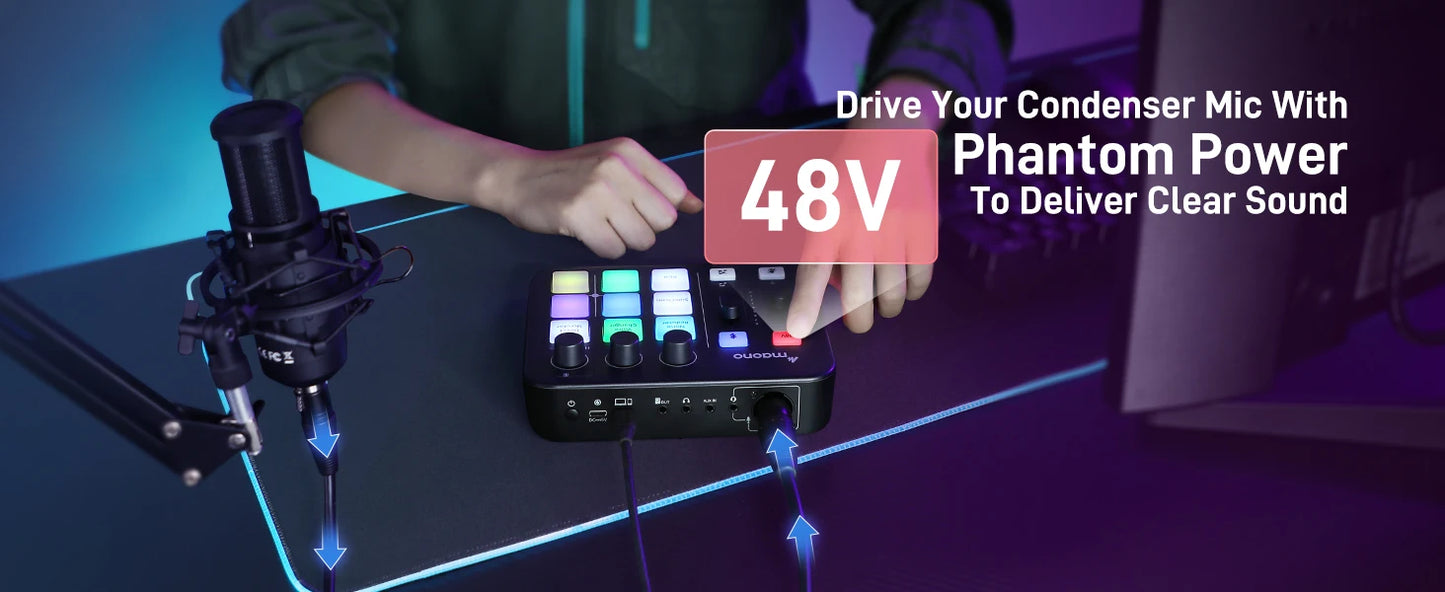 Maono G1 NEO – Gaming Audio Mixer 4‑Channel | RGB Effects, Custom Sound Pads, XLR Mic Interface, Streaming & Podcast Mixer