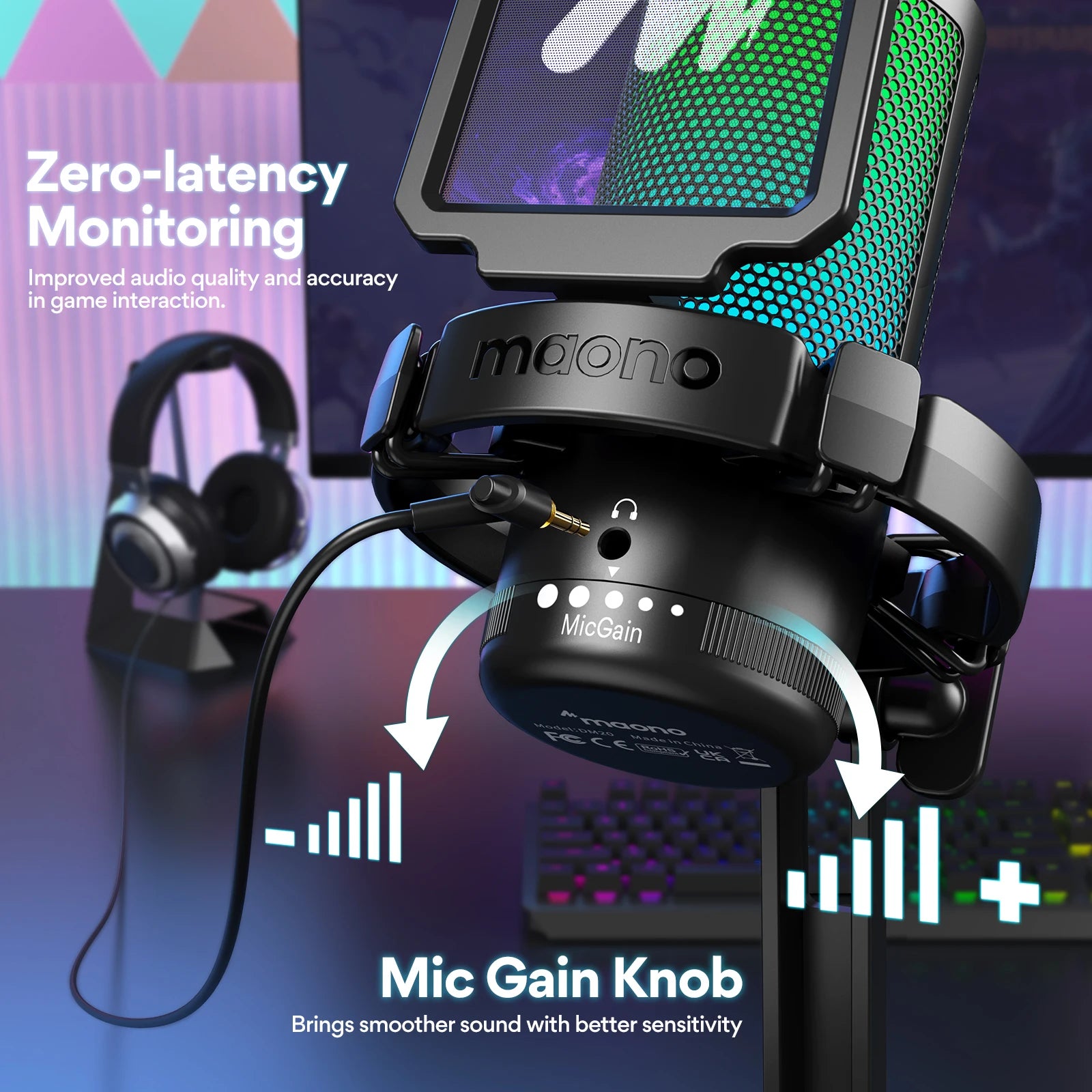 Maono DGM20 – USB Gaming Condenser Microphone | RGB Mic with Noise‑Reduction Software, Gain Control & One‑Key Mute for Streaming & Recording