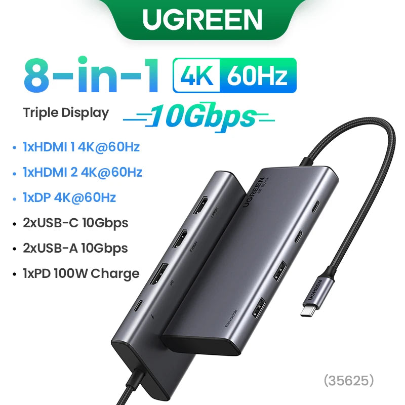 UGREEN 13‑in‑1 USB‑C Hub with Triple Display (Dual HDMI 4K60Hz + DP 4K60Hz), 10Gbps USB 3.2