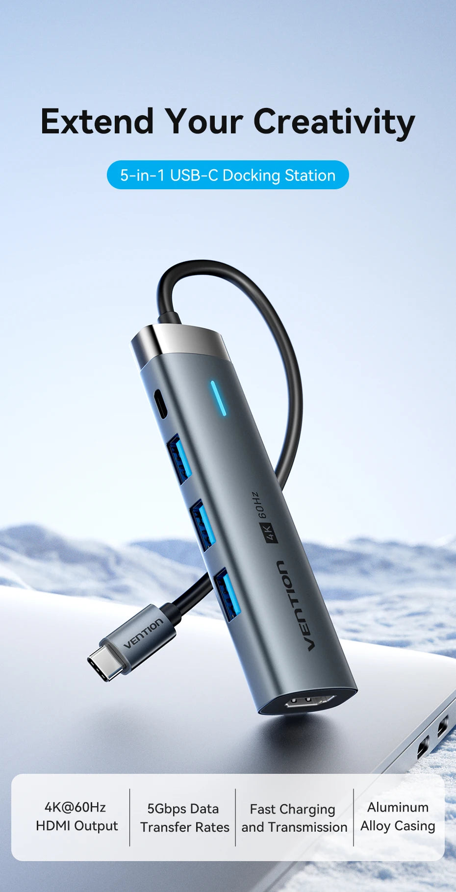 Vention 5‑in‑1 USB‑C Hub | 4K60Hz HDMI, USB 3.0, PD100W Multiport Dock for MacBook & Android