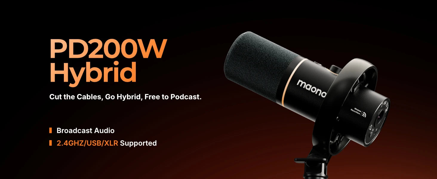 Maono PD200W – Hybrid Wireless Dynamic Podcast Microphone | XLR/USB Mic for PC, Phone & Camera