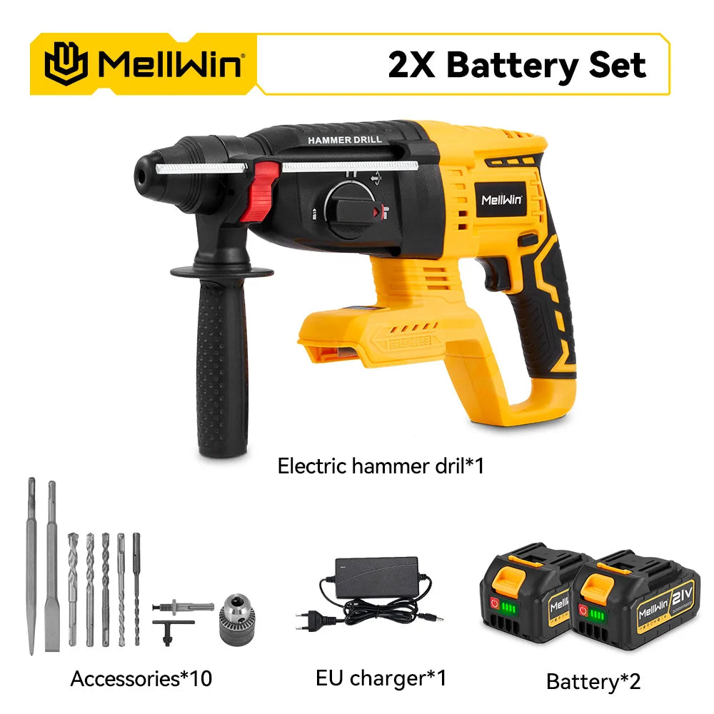 MELLWIN 26MM Brushless Electric Hammer Drill Cordless Household Rotary Impact Hammer Power Tool For Makita 18V Battery Pin - Limetastore