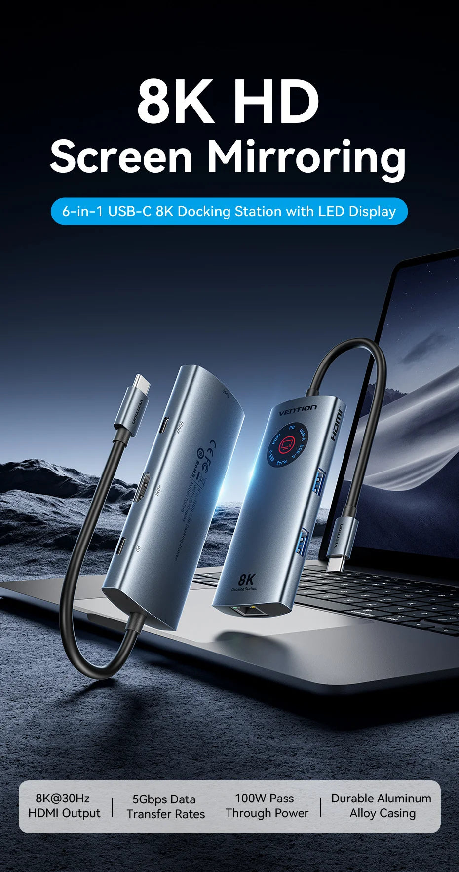 Vention USB‑C 8K/4K HDMI Hub | LED Display, USB‑A/C 3.0, 3.2 Gen1, Gigabit Ethernet Adapter