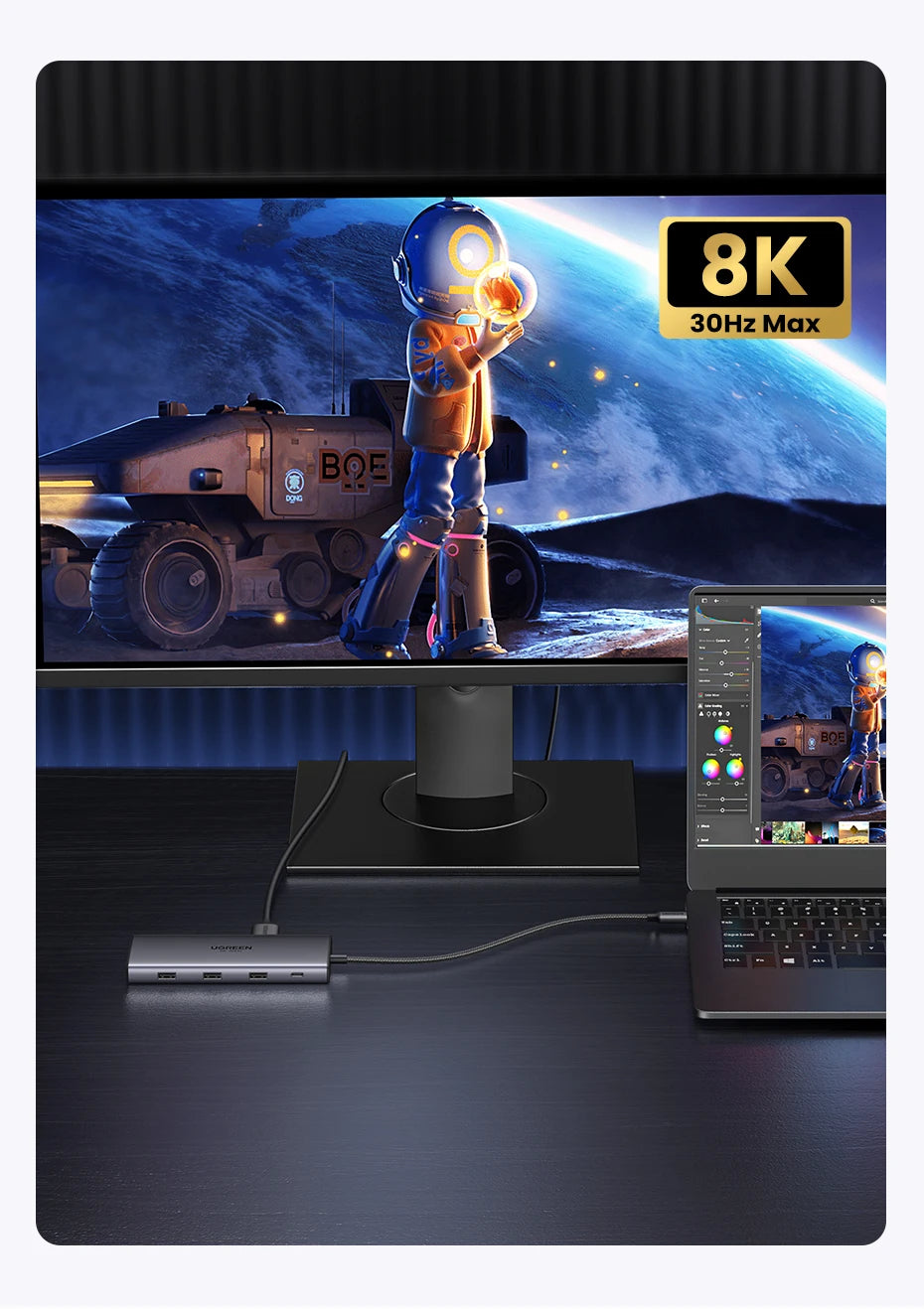 UGREEN 10‑in‑1 Dual HDMI USB‑C Hub with 8K & 4K Output, Gigabit Ethernet, USB 3.0, PD100W