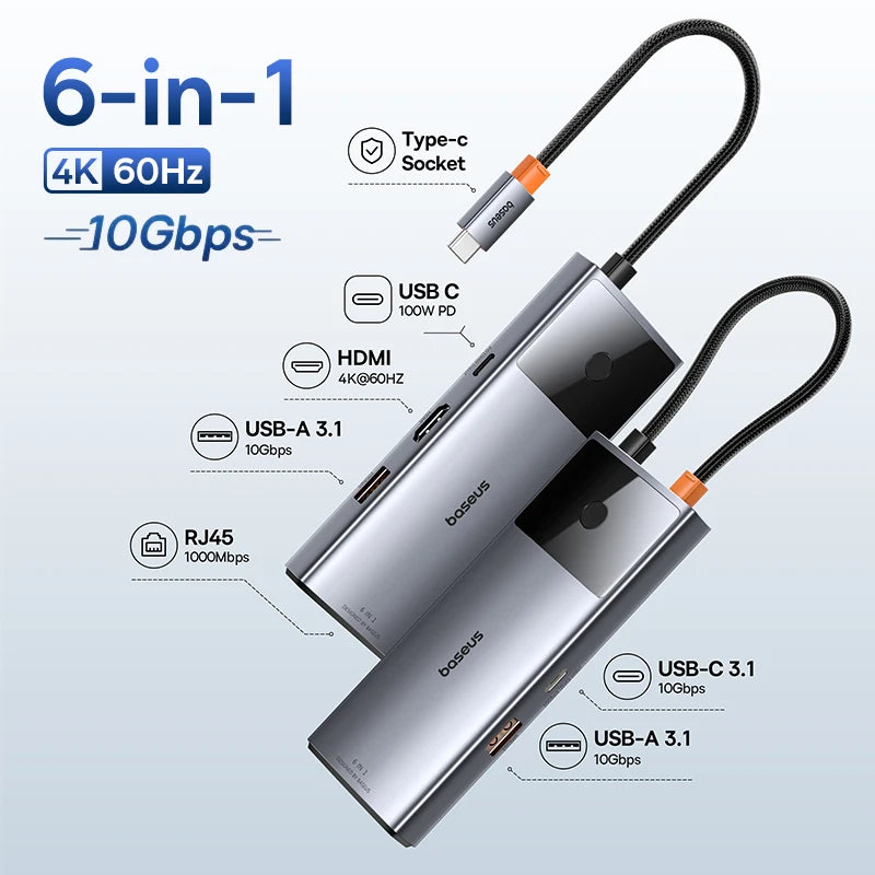 Baseus USB‑C Hub | HDMI 4K, USB 3.1 10Gbps, RJ45 Ethernet, SD/TF Docking Station for MacBook