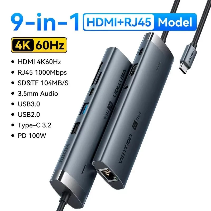 Vention USB‑C 9‑in‑1 Hub | HDMI 4K 60Hz, PD 100W, RJ45, USB 3.0 Docking Station