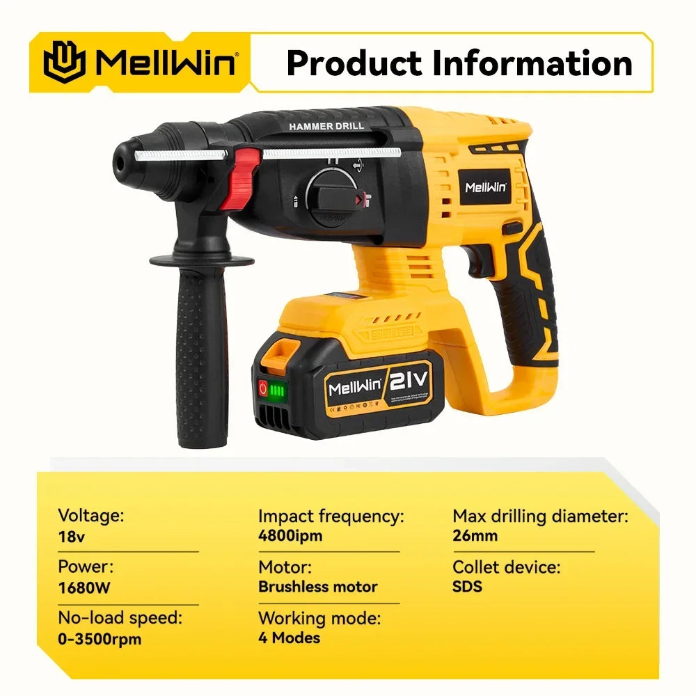 MELLWIN 26MM Brushless Electric Hammer Drill Cordless Household Rotary Impact Hammer Power Tool For Makita 18V Battery Pin - Limetastore