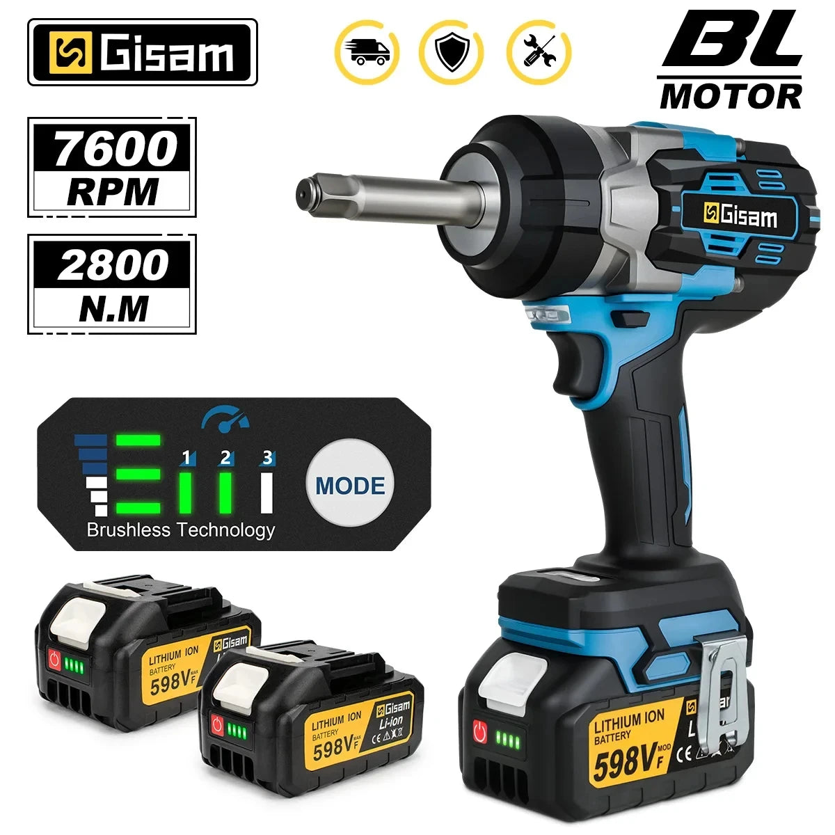 Gisam 2800N.m Brushless Extended Anvil Impact Wrench 1/2"