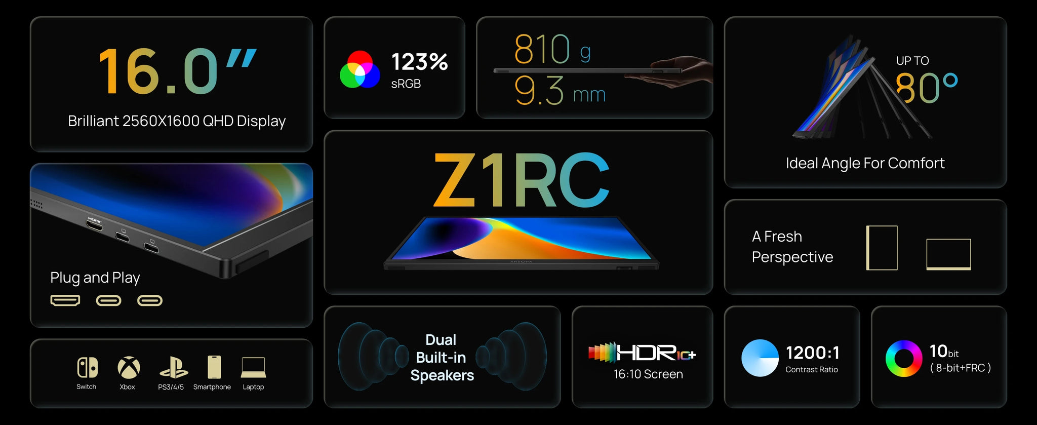 ARZOPA Z1RC 16" Portable Monitor | 2.5K 2560×1600, IPS, 100–123% sRGB, USB‑C & HDMI