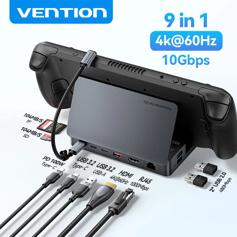 Vention USB-C priklopna postaja za Steam Deck | HDMI 4K pri 60Hz, USB 3.2 10Gbps, RJ45, SD/TF, igralno zvezdišče za več naprav