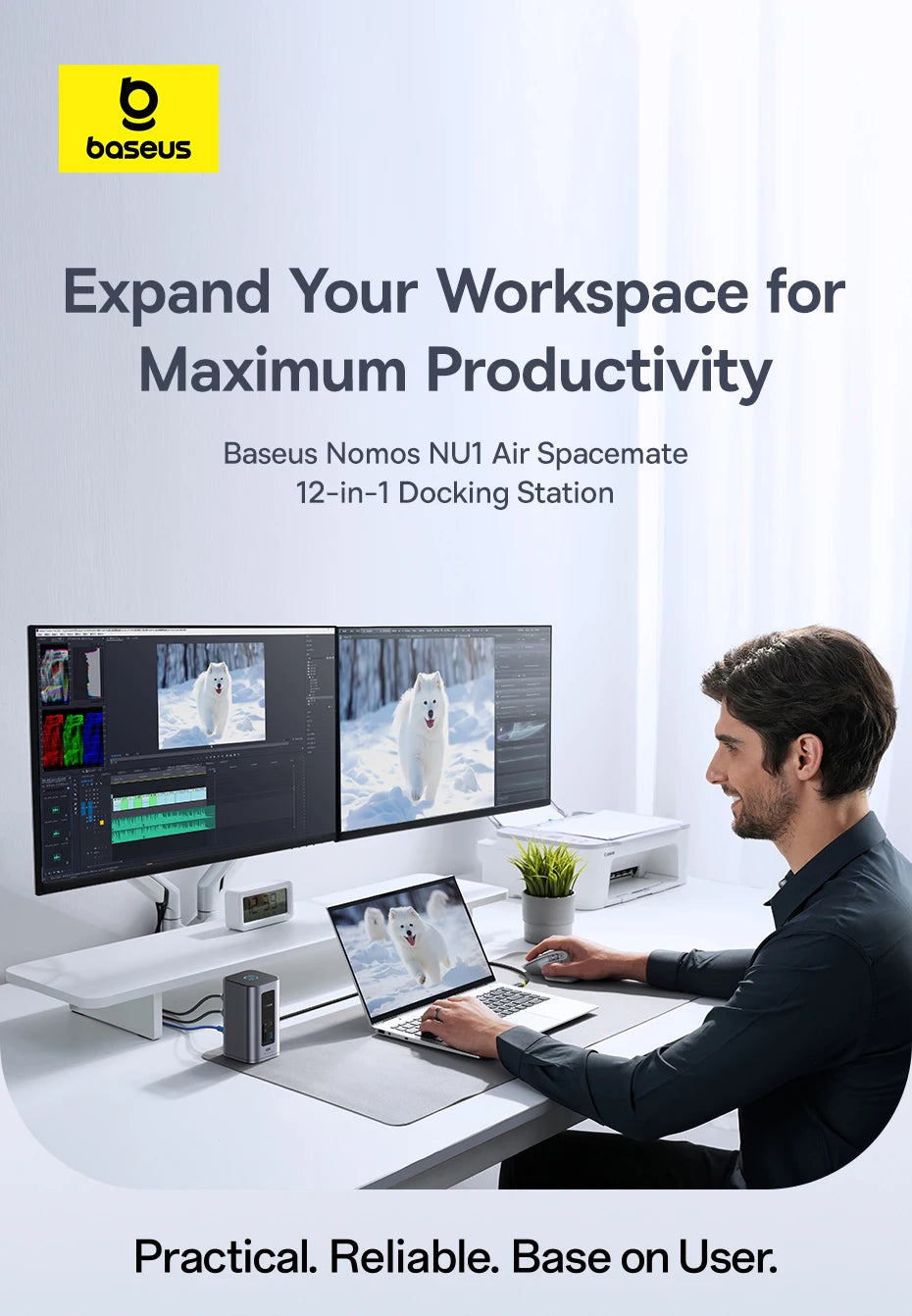 Baseus 12‑in‑1 USB‑C HUB | Dual HDMI 4K@60Hz, USB 3.2, RJ45, SD/TF, PD 100W Docking Station