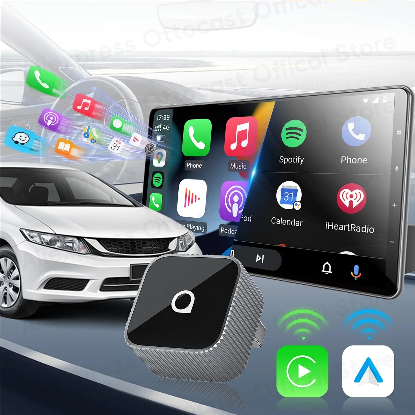 OTTOCAST Mini Slim Cube Wireless CarPlay & Android Auto Adapter