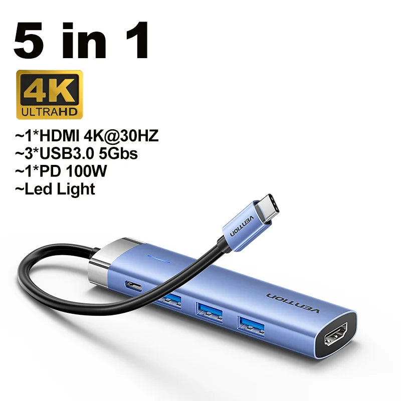 Vention USB‑C 5‑in‑1 Hub | HDMI 4K, PD 100W, USB 3.0 5Gbps Docking Station