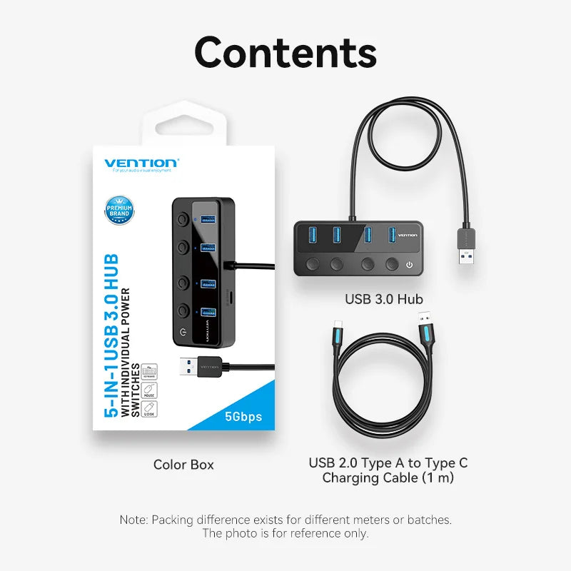 Vention USB 3.0 HUB with Individual Switches | 5Gbps High‑Speed USB‑A Port Extender