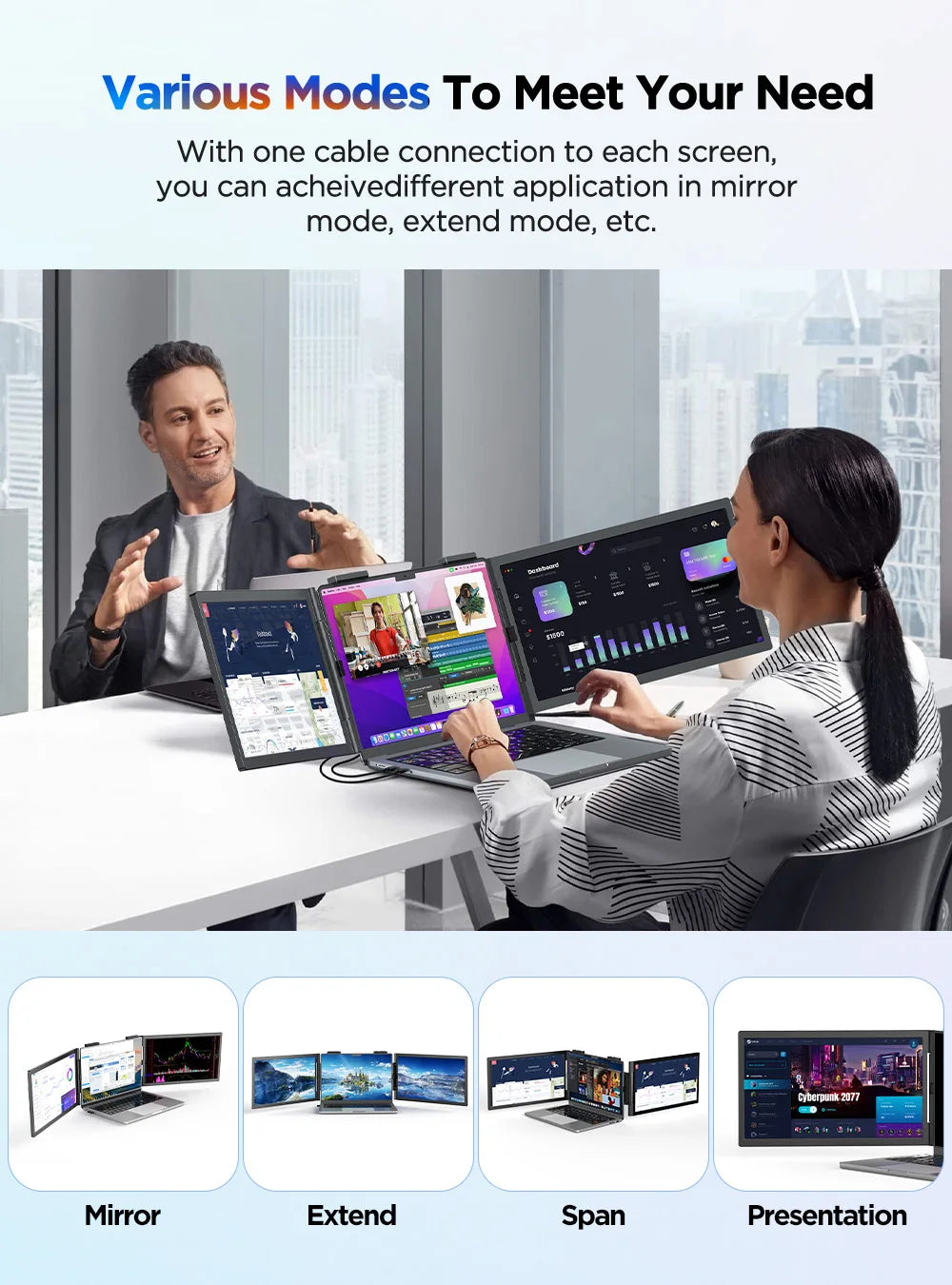 UPERFECT 14'' Wireless Portable Monitor Triple Laptop Screen Extender 1080 FHD Travel Display For 13.3"-17" Laptops PC Mac XBOX - Limetastore
