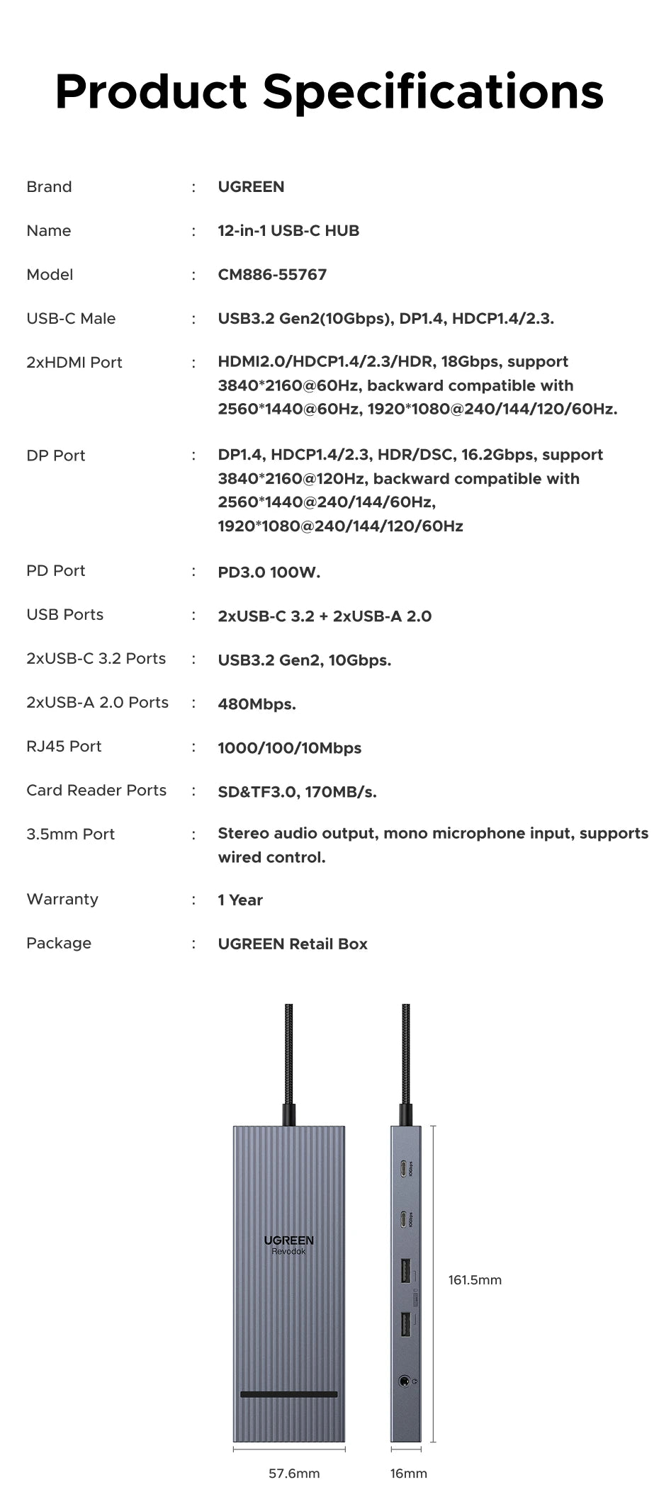UGREEN 10‑in‑1 USB‑C Hub with 4K120Hz DisplayPort, Dual 4K60Hz HDMI, USB 3.2 Gen2 10Gbps