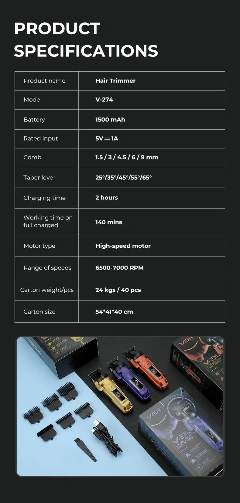 VGR Hair Trimmer Professional Hair Cutting Machine Cordless Hair Clipper Barber Adjustable Haircut LED Trimmer for Men V-274