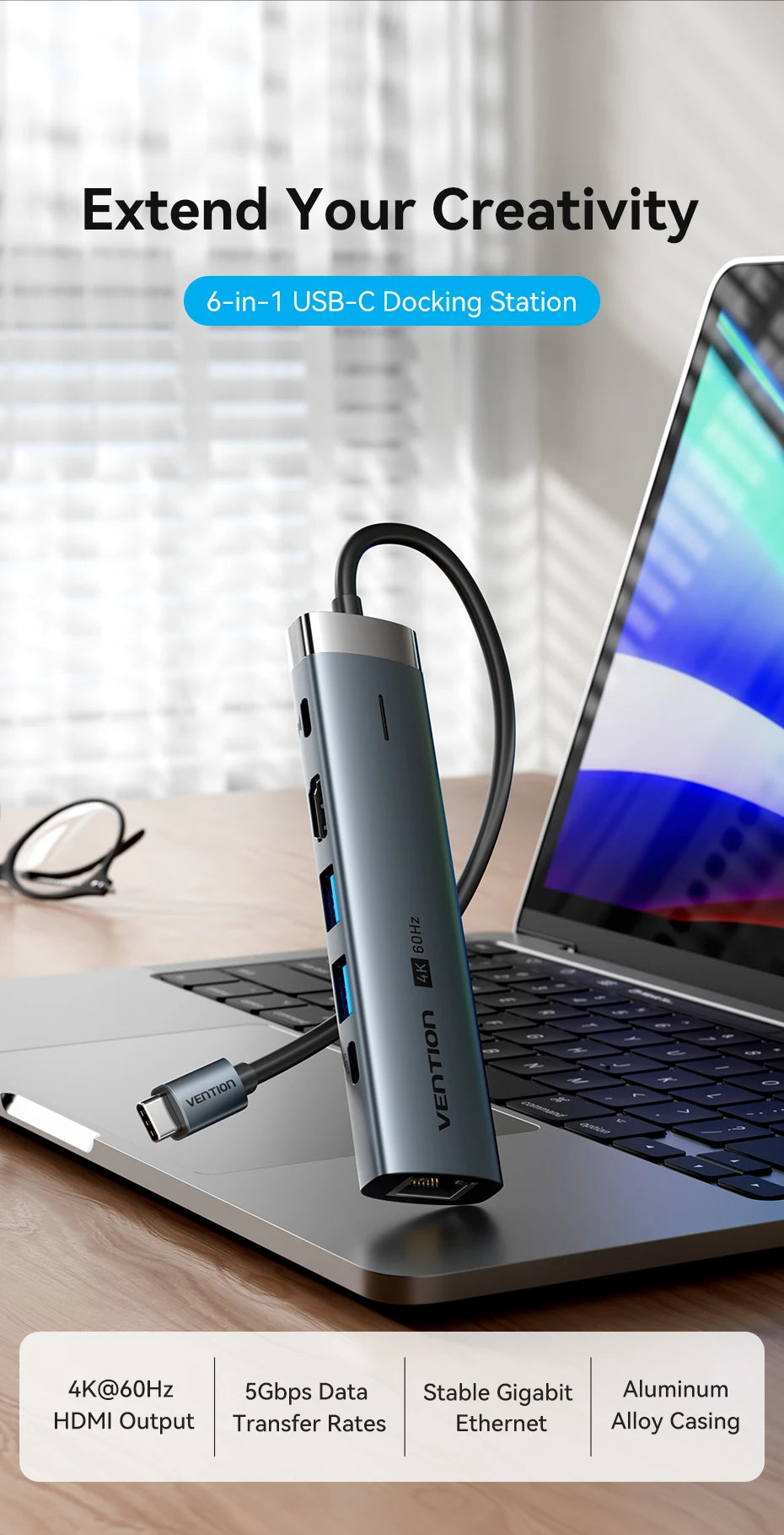 Vention USB‑C 6‑in‑1 Hub | HDMI 4K, PD 100W, RJ45, USB 3.0 Docking Station