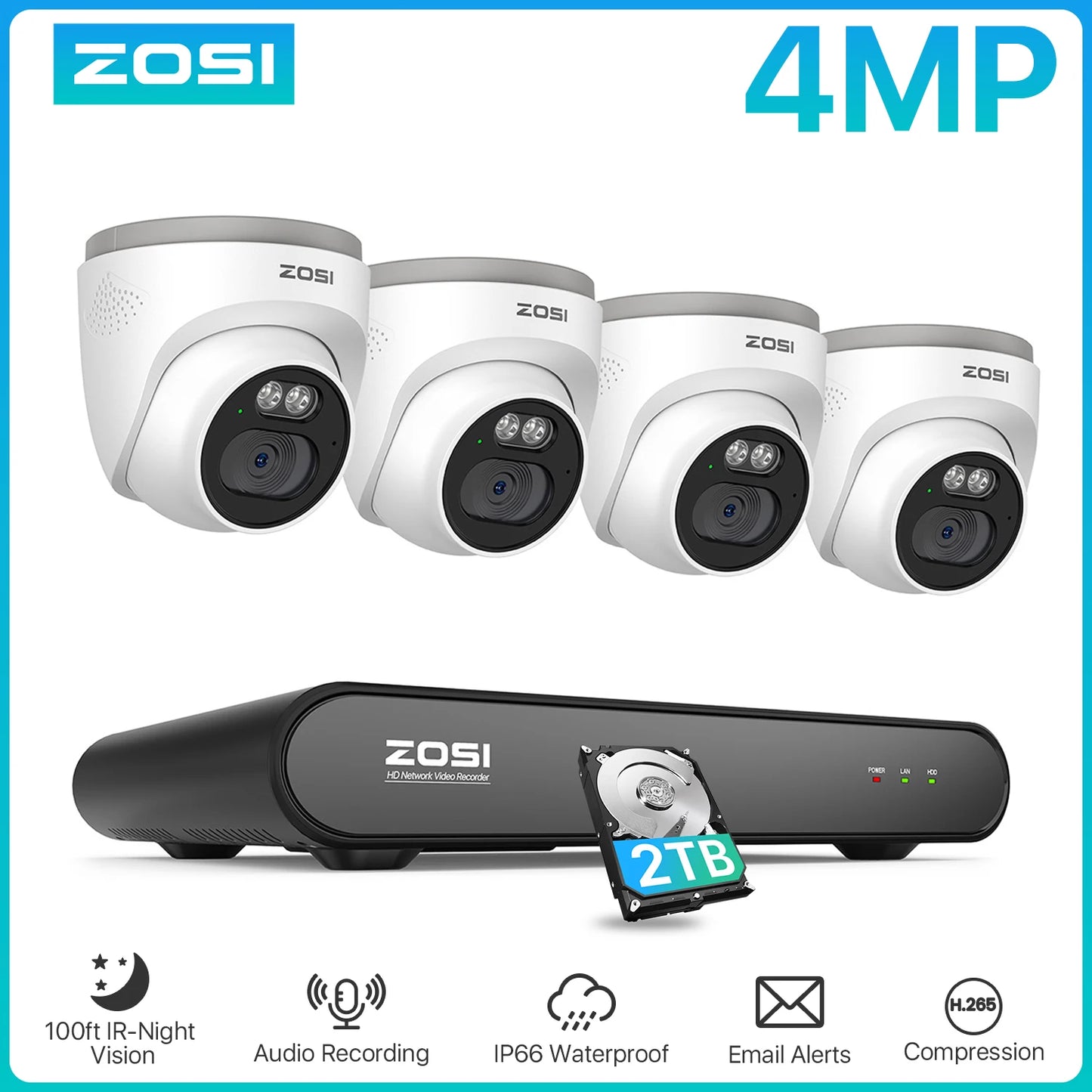 ZOSI 3K 5MP PoE Security Camera System – 8CH NVR with 4MP Outdoor Dome IP Cameras