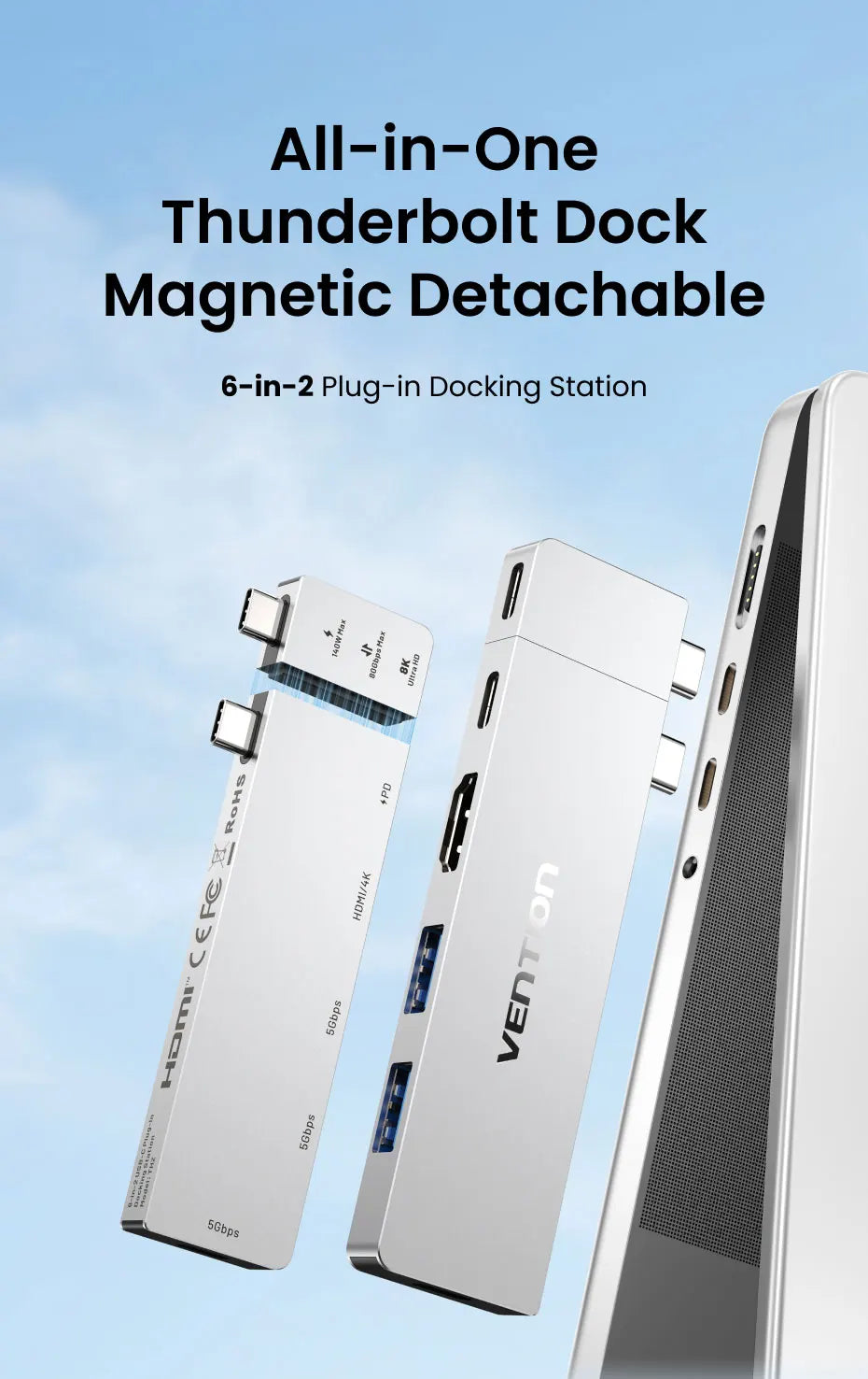 Vention 6‑in‑2 USB‑C Plug‑in Hub | Thunderbolt 4 80Gbps, 8K, HDMI 4K60Hz, USB 3.0 Dock for MacBook