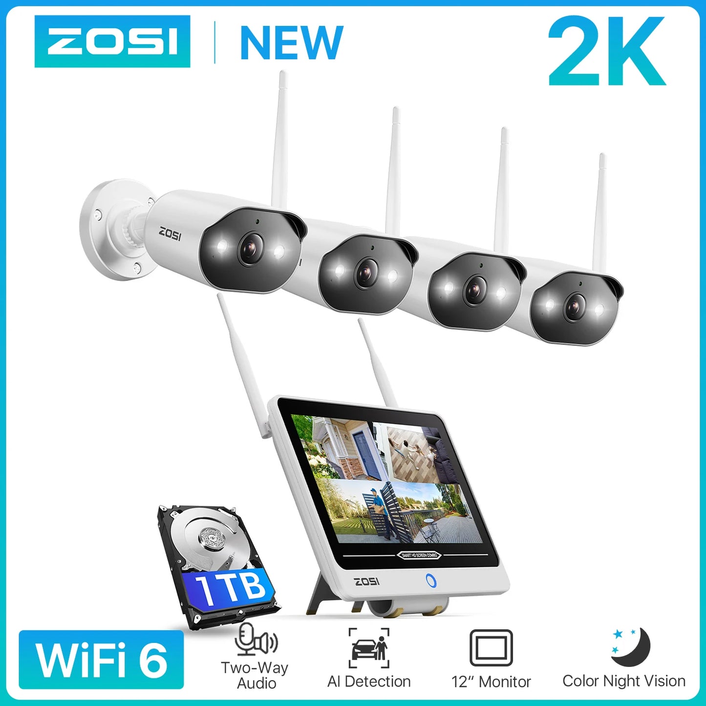 ZOSI 2K Wi‑Fi 6 8CH Security Camera System – 12'' LCD Monitor, 3MP Indoor/Outdoor Plug‑in WiFi Cameras